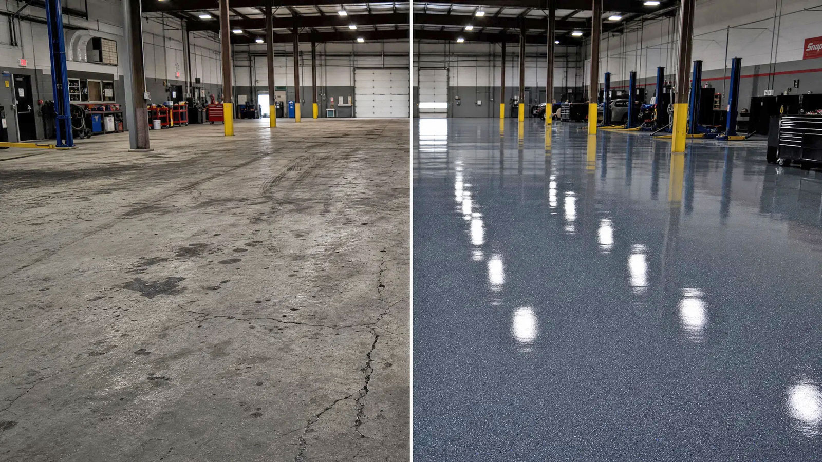Commercial floor coating before and after — auto shop in Rosedale CA
